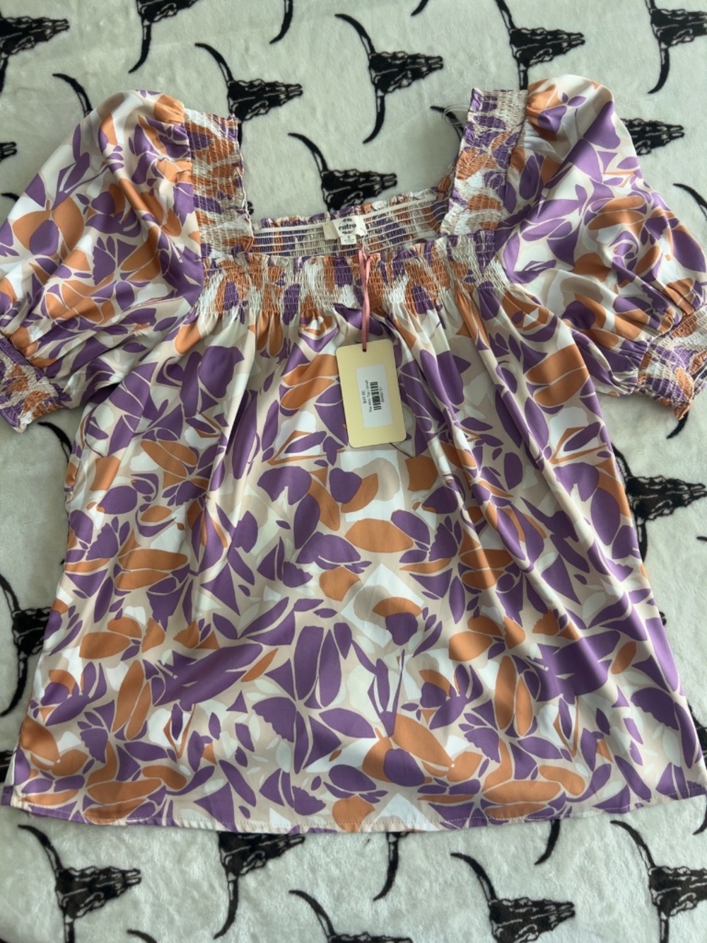Entro Floral Smocked Puff Sleeve Blouse Purple Orange Small NWT